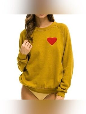 Aviator Nation Mustard Yellow Heart Pullover Sweatshirt Size Small